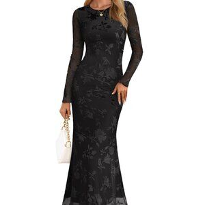 Elegant Long Sleeve Black Floral Velvet Mesh Maxi Dress Bodycon Cocktail Dress